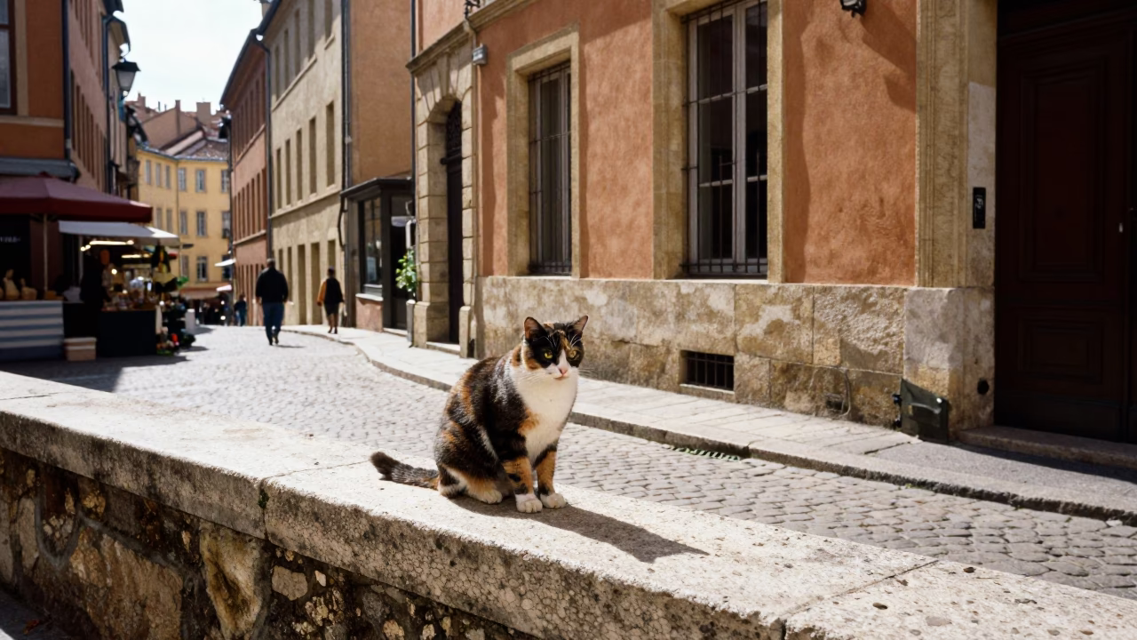 Sunlit Vieux Lyon Street Corner with Cat and Market Goods in in Lyon, France