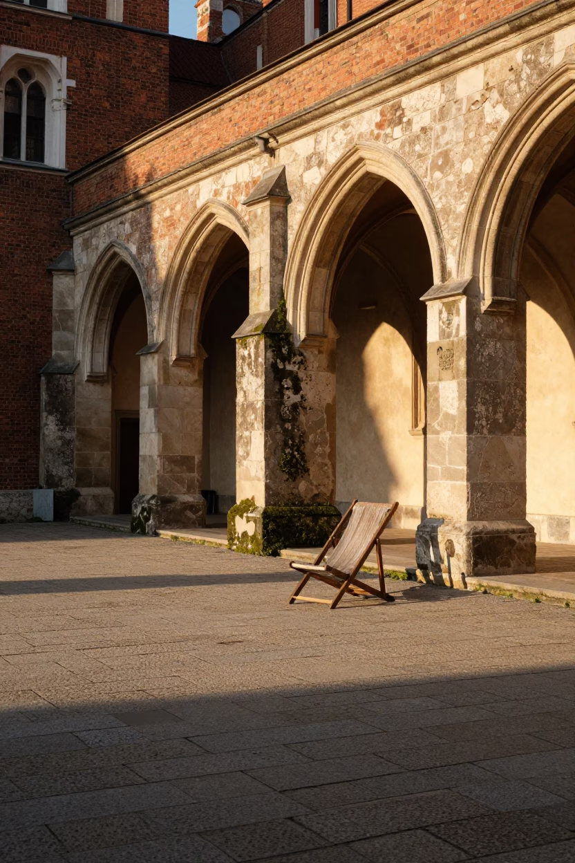 Sunlit Wawel Castle Courtyard Scene with Vintage Details in in Krakow, Poland