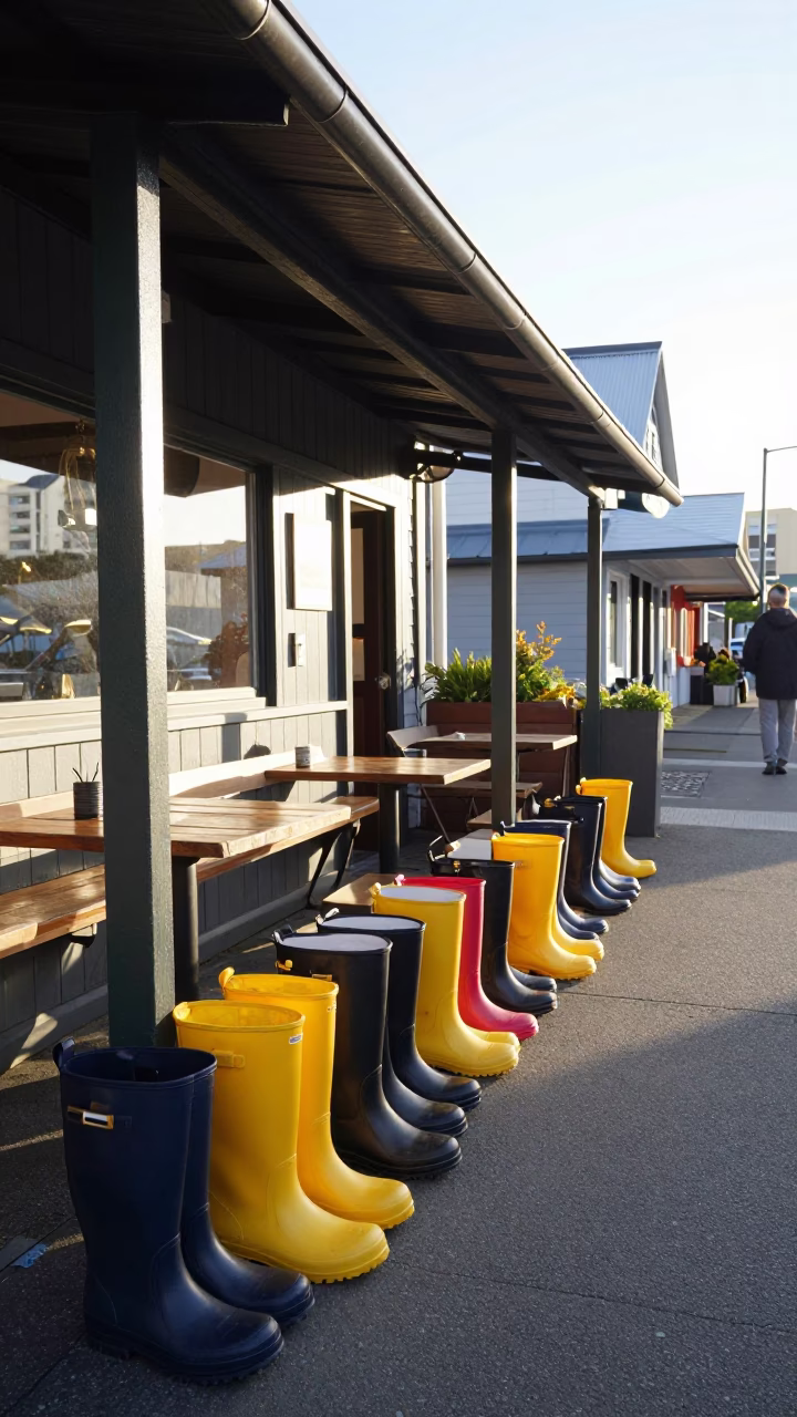 Sunlit Wellington Cafe Terrace with Colorful Rain Boots and Local Morning Routine in in Wellington, New Zealand