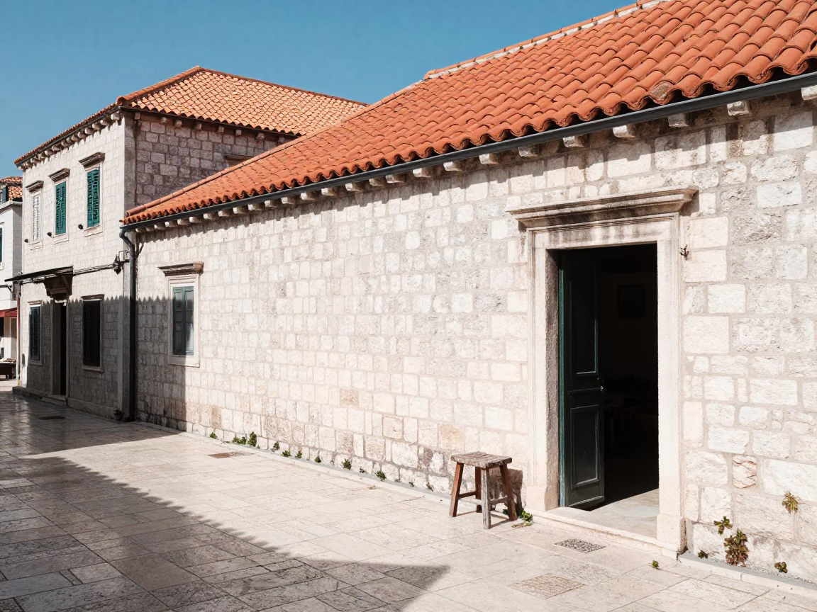 Sunlit White Stone Wall and Terracotta Roof in Dubrovnik Croatia Midday in in Dubrovnik, Croatia