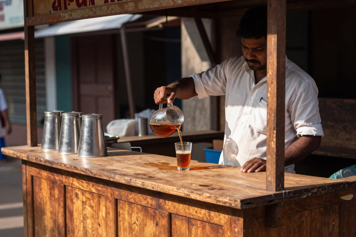 Sunlit Wooden Counter in Kochi Tea Stall with Carafe and Local Interaction in in Kochi, India