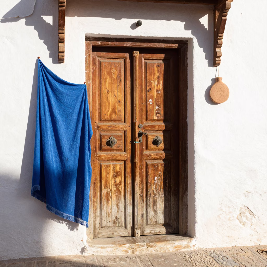 Sunlit Wooden Doorway in Essaouira Morocco with Hanging Textiles and Clay Pots in in Essaouira, Morocco
