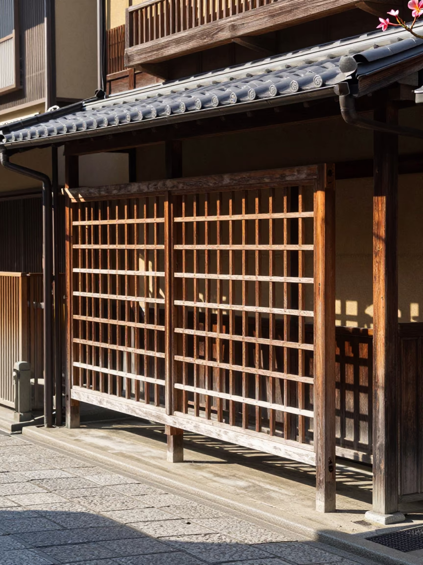 Sunlit wooden lattice street scene in historic Kyoto Japan midmorning in in Kyoto, Japan