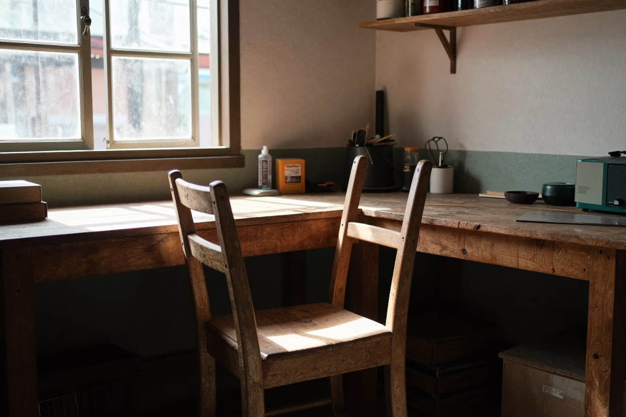 Sunlit Workshop Interior in Medellin Colombia with Ladder Back Chair in in Medellin, Colombia