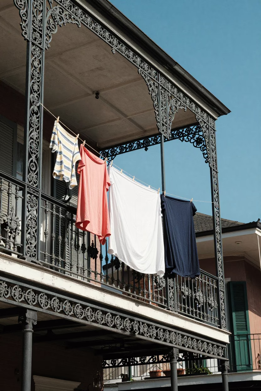 Sunlit wrought iron balcony with hanging laundry and street view in in New Orleans, Louisiana, United States