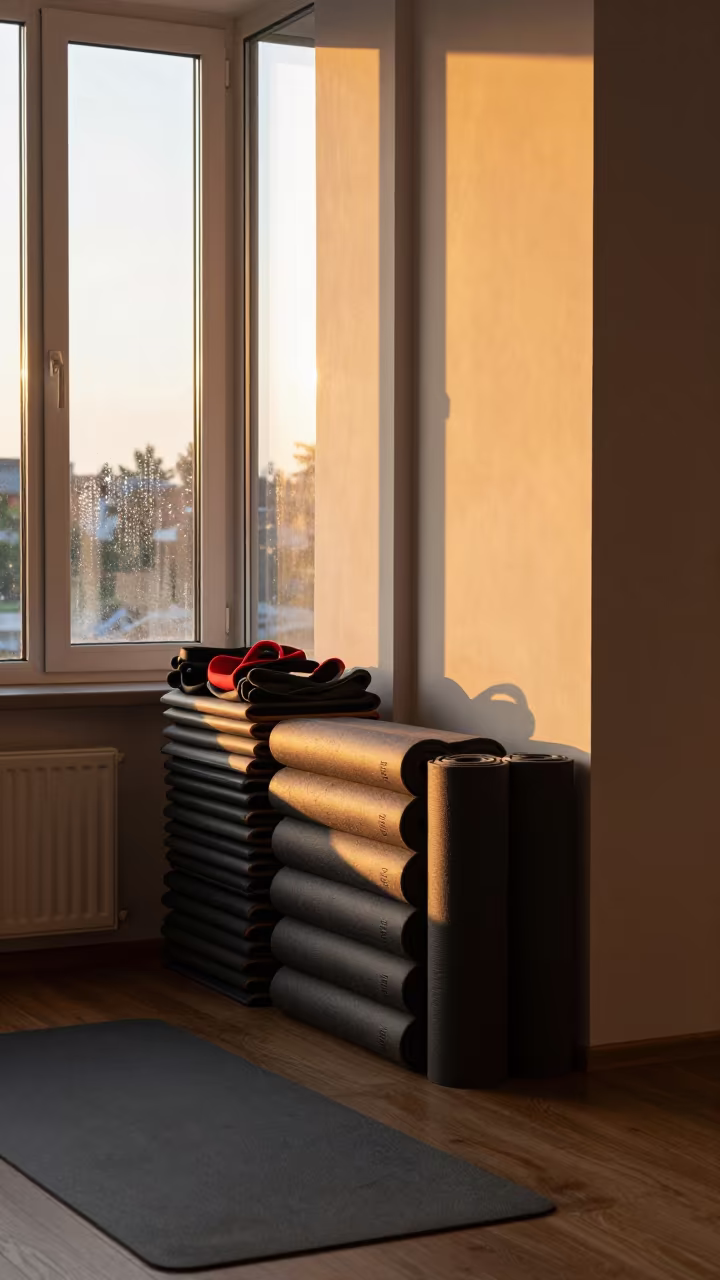 Sunlit Yoga Studio Hallway with Mats and Bands in inside a yoga studio before the session begins in Radom