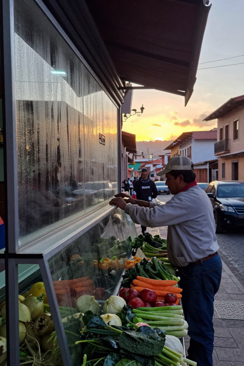 Sunny La Paz Bolivia Street Scene with Condensation on Glass and Red Flowers in in La Paz, Bolivia