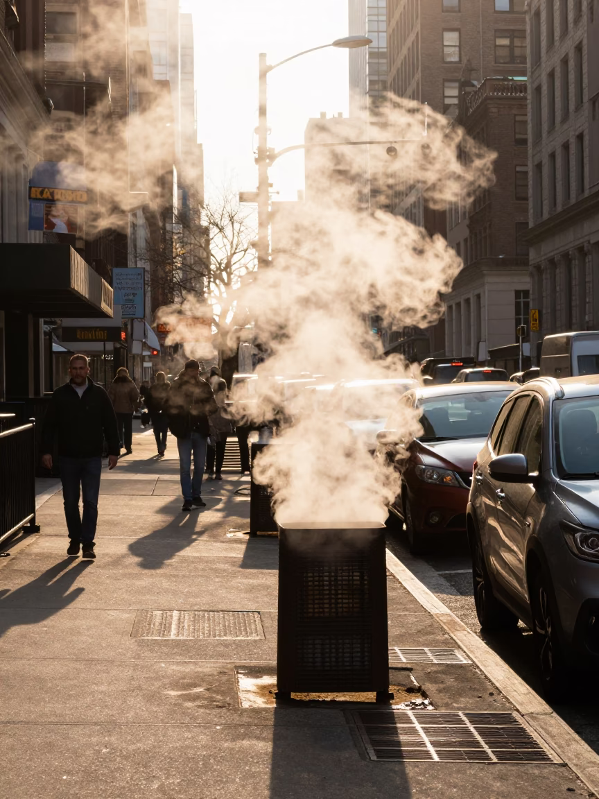 Sunny New York Street Scene with Steam Vents and Morning Commuters in in New York, New York, United States