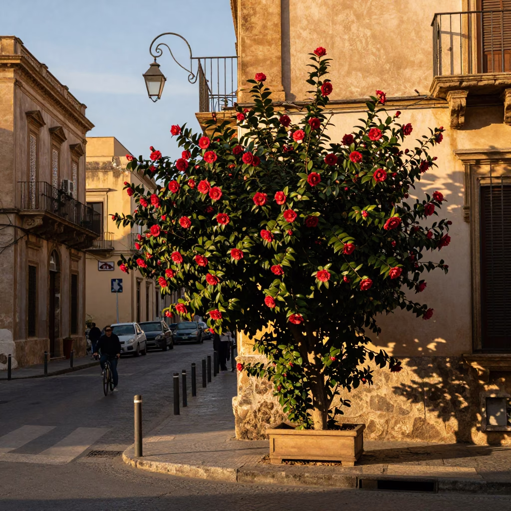 Sunny Palermo Street Corner with Camellia Shrub and Local Life at Sunset in in Palermo, Italy