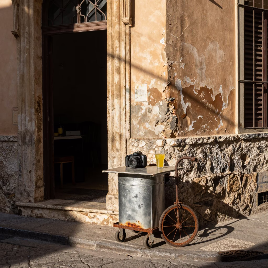 Sunny Palermo Street Corner with Coffee Tin and Rusty Hinge Details in in Palermo, Italy