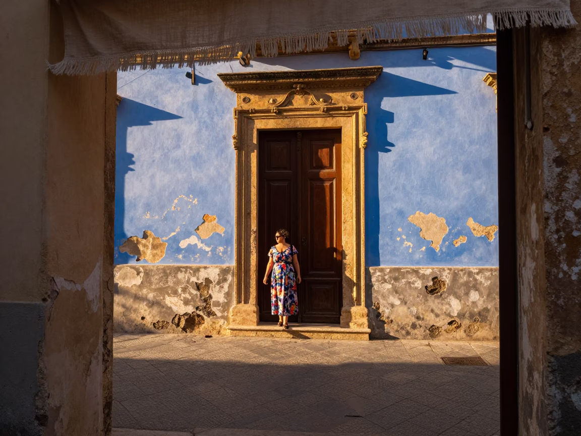 Sunny Palermo Street Scene with Doorframe and Linen Fringe at Sunset in in Palermo, Italy