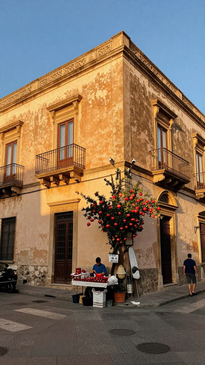 Sunny Palermo Street Scene with Pomegranate and Traditional Architecture at Sunset in in Palermo, Italy