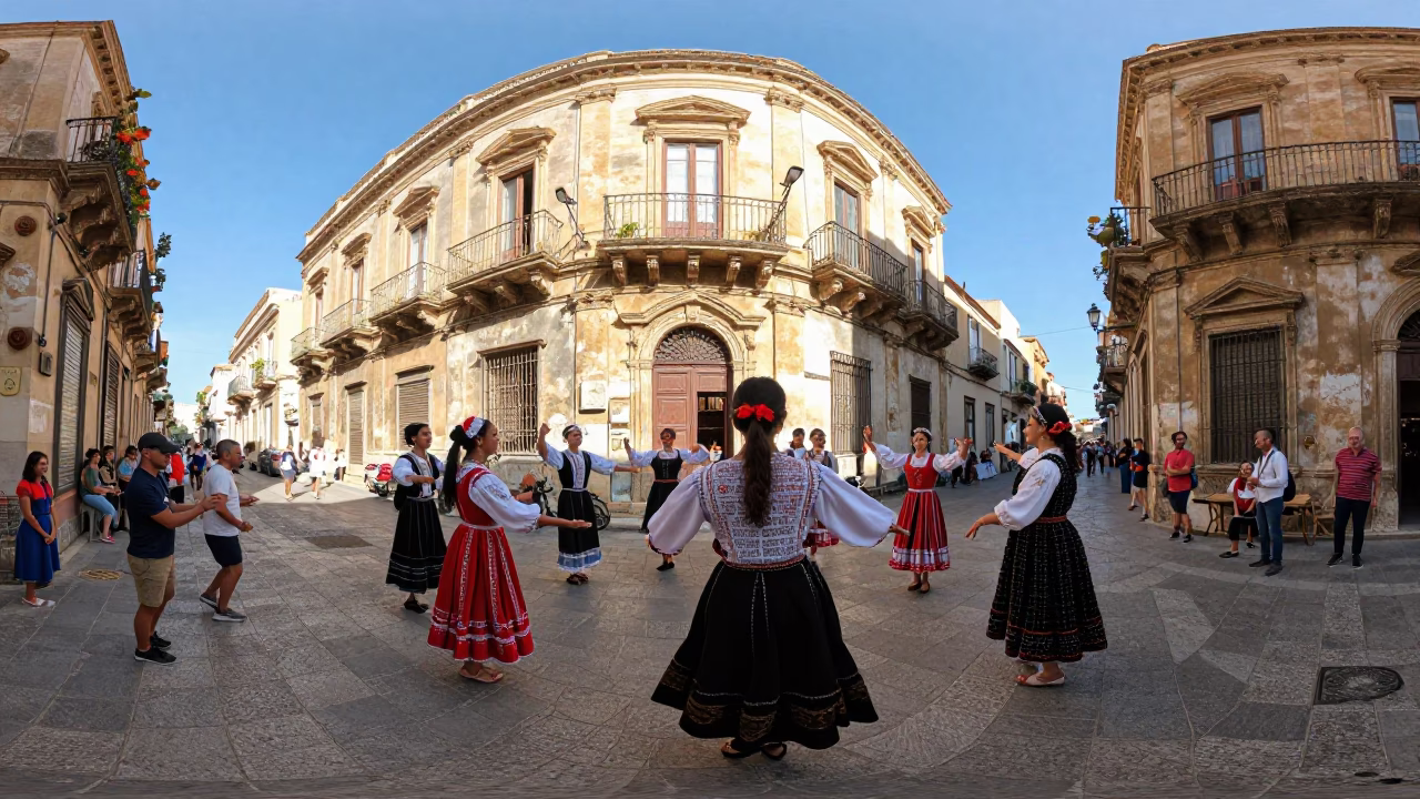 Sunny Palermo Street Scene with Traditional Folk Dance and Colorful Costumes in in Palermo, Italy