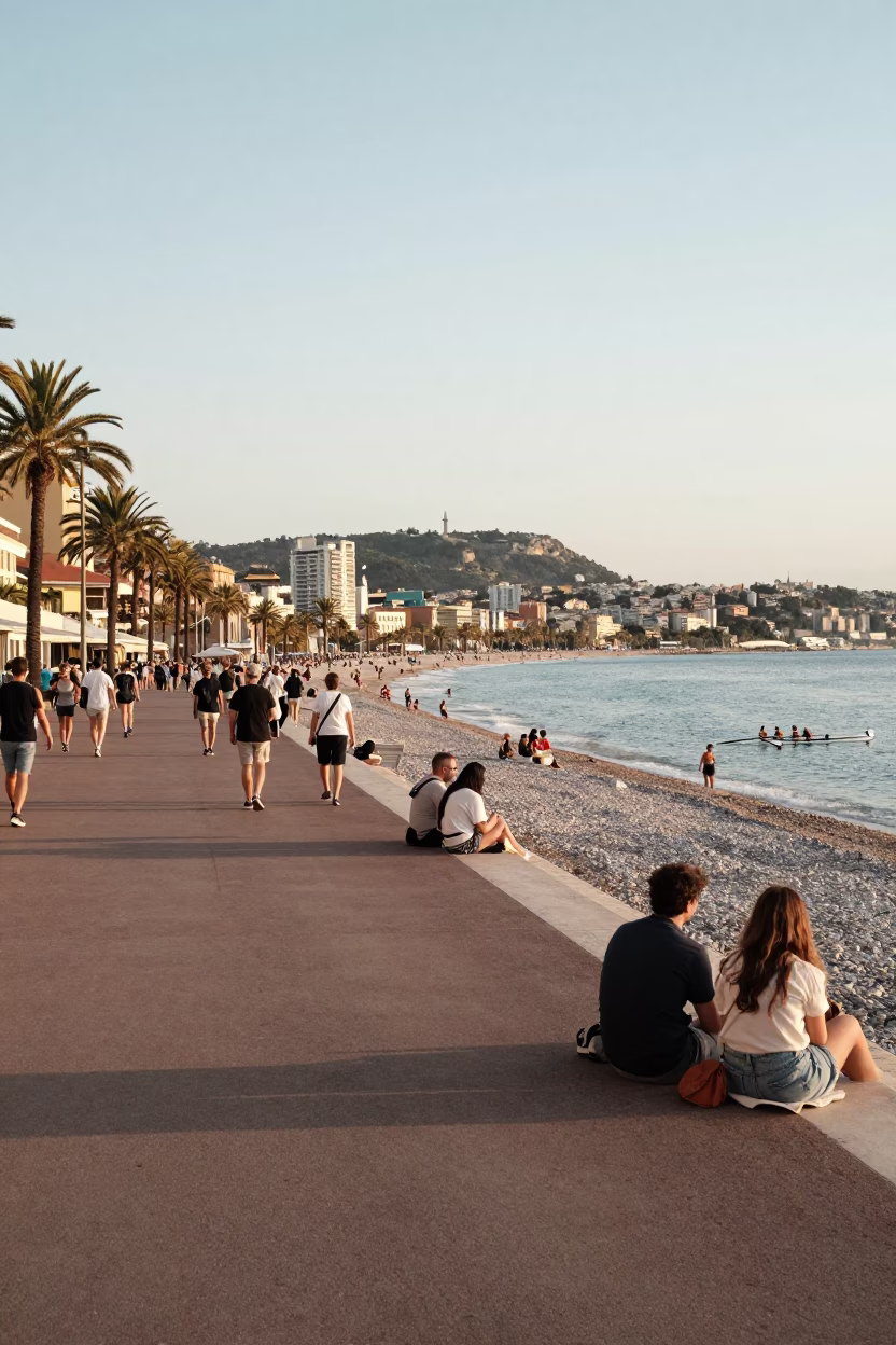 Sunny Promenade des Anglais in Nice France with tourists and rowing boats at sunset in in Nice, France