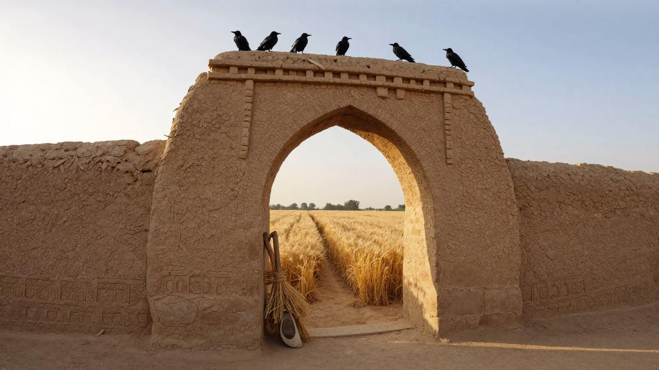 Sunrise Arch Over Barley Field With Crows in in Belas
