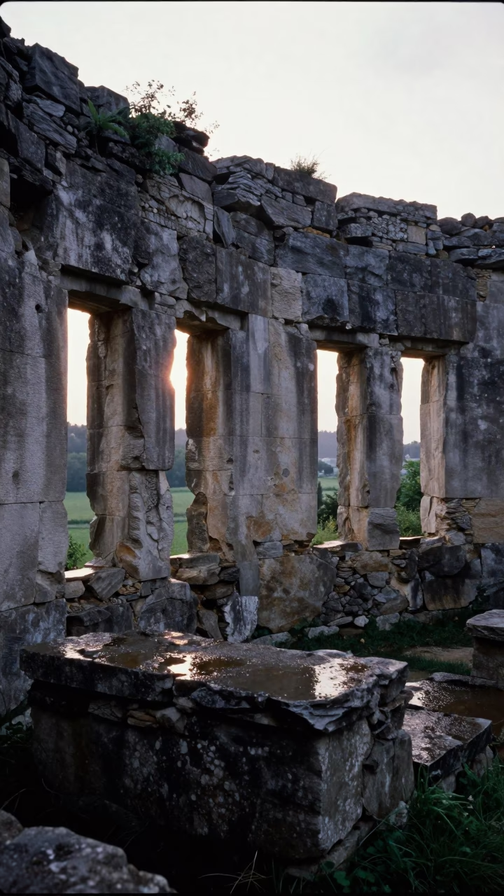 Sunrise Arrow Slits Over Ohio Stone Ruins in among roofless stone chambers in Ohio