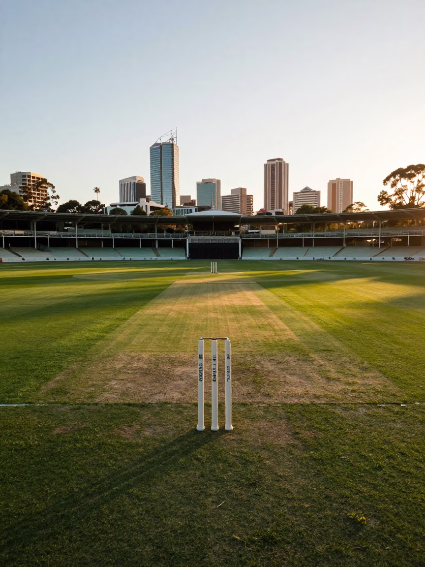 Sunrise at Adelaide Oval with Cricket Pitch and City Skyline in Early Morning Light in in Adelaide, South Australia, Australia
