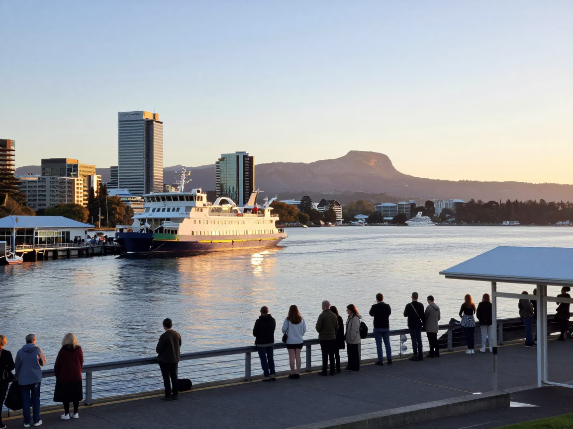 Sunrise at Hobart Waterfront with Ferry Departure and Mountain Backdrop in Tasmania in in Hobart, Tasmania, Australia