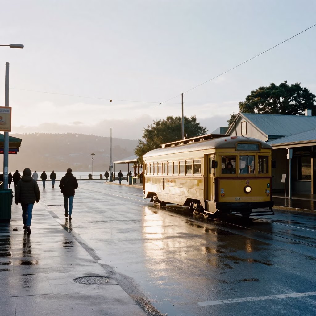Sunrise at Hobart Waterfront with Heritage Tram and Morning Commuters in Tasmania in in Hobart, Tasmania, Australia