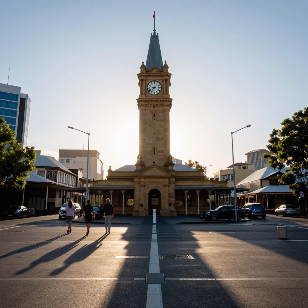 Sunrise at Perth Town Clock Tower with Early Morning Commuters and City Skyscrapers in in Perth, Western Australia, Australia