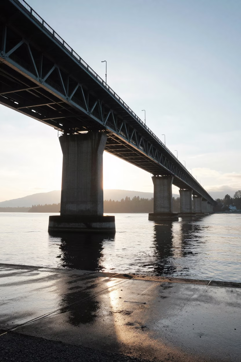 Sunrise at Vancouver Bridge Pier with Still Water and Early Morning Commuters in in Vancouver, British Columbia, Canada