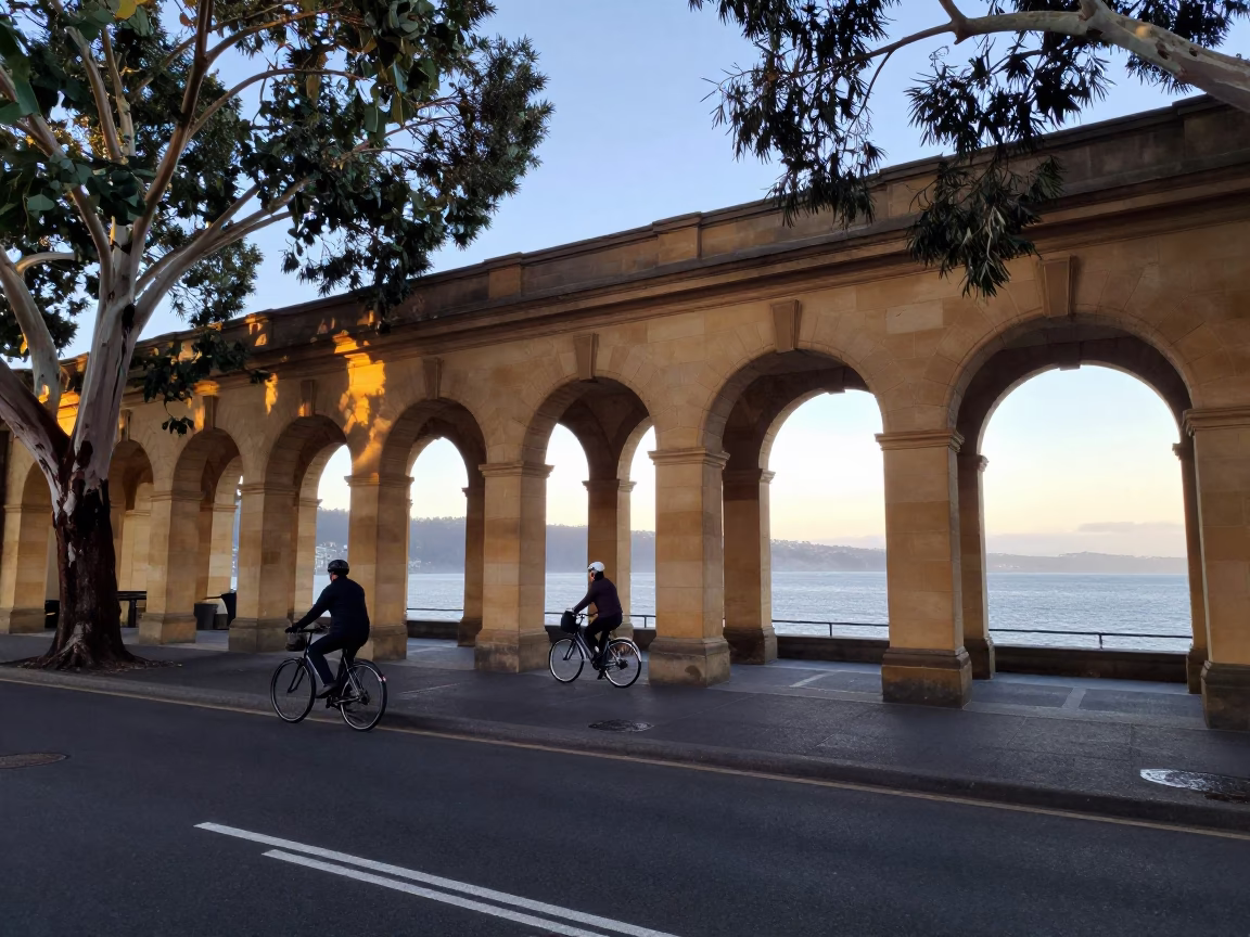 Sunrise Bicycle Ride Over Salamanca Arcades in Hobart Tasmania with Eucalyptus Trees in in Hobart, Tasmania, Australia