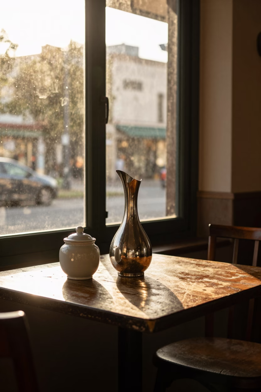 Sunrise Breakfast Scene in Buenos Aires Cafe with Decanter and Porcelain Jar in in Buenos Aires, Argentina