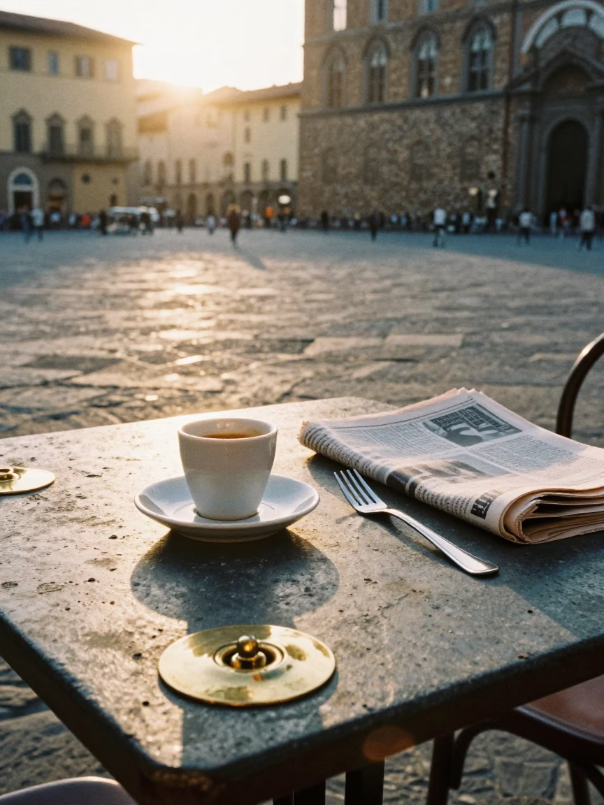 Sunrise Breakfast Scene in Florence Italy with Brass Escutcheon and Cutlery in in Florence, Italy