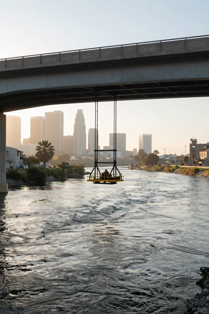 Sunrise Bridge Maintenance Cradle Over Los Angeles River with City Skyline in in Los Angeles, California, United States
