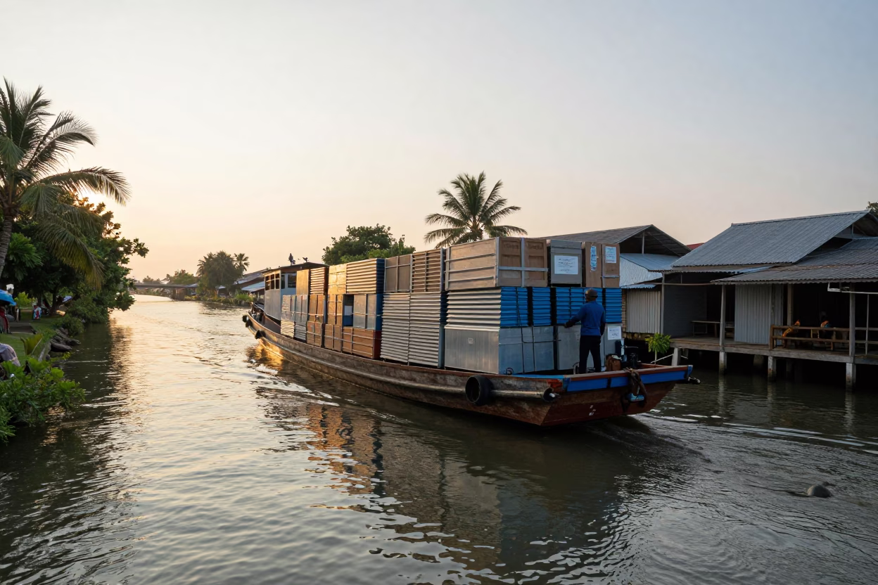 Sunrise Canal Barge Cargo in Phuket Thailand Waterway Scene in in Phuket, Thailand