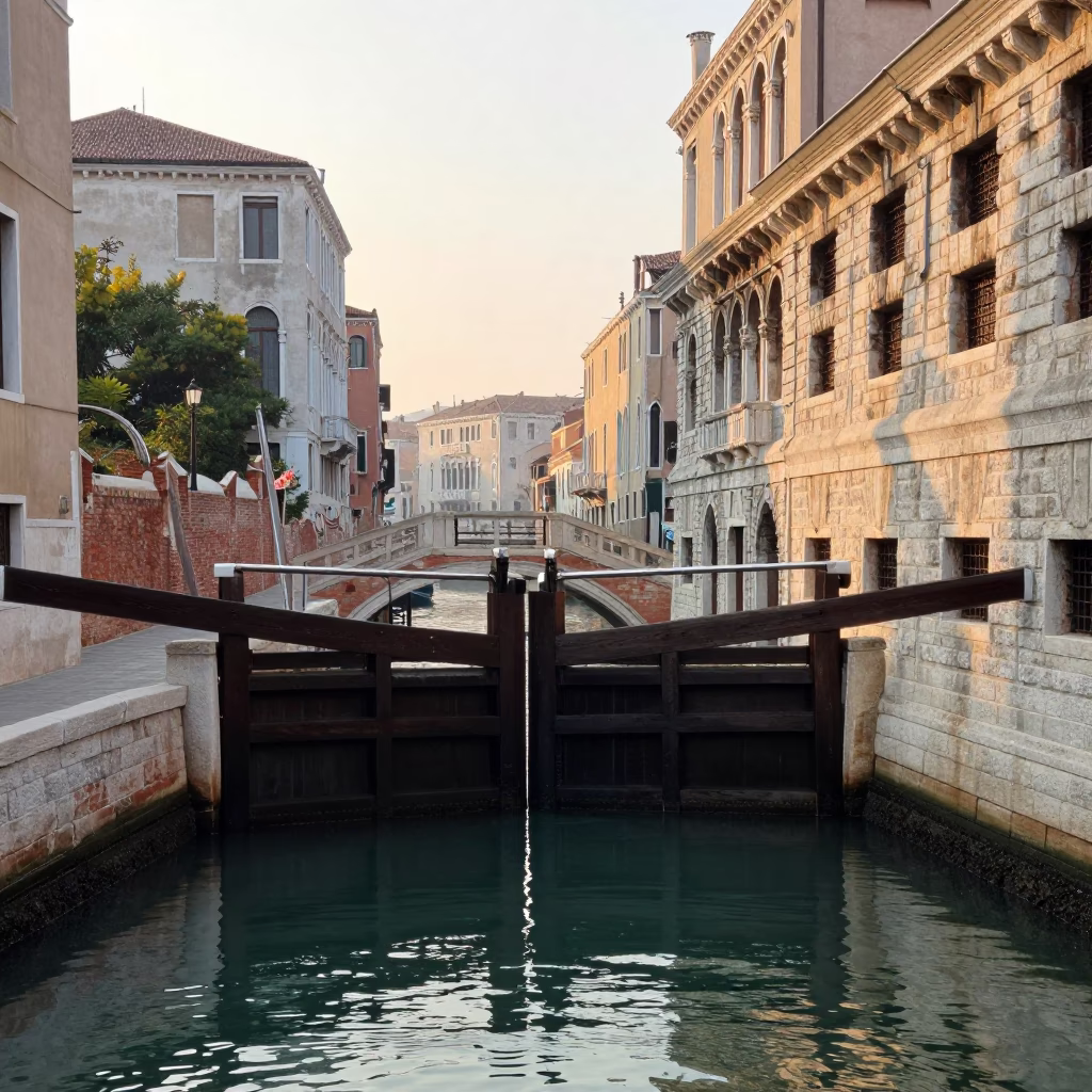 Sunrise Canal Scene in Venice Italy with Wooden Lock Gates and Local Life in in Venice, Italy