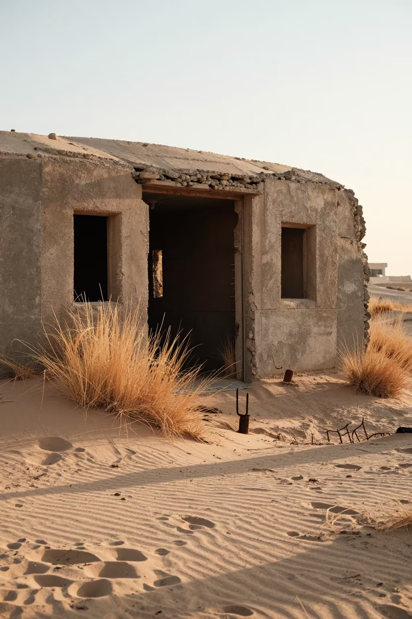 Sunrise Concrete Bunker in Cairo Dunes in through a courtyard reclaimed by grasses near City of the Dead, Cairo