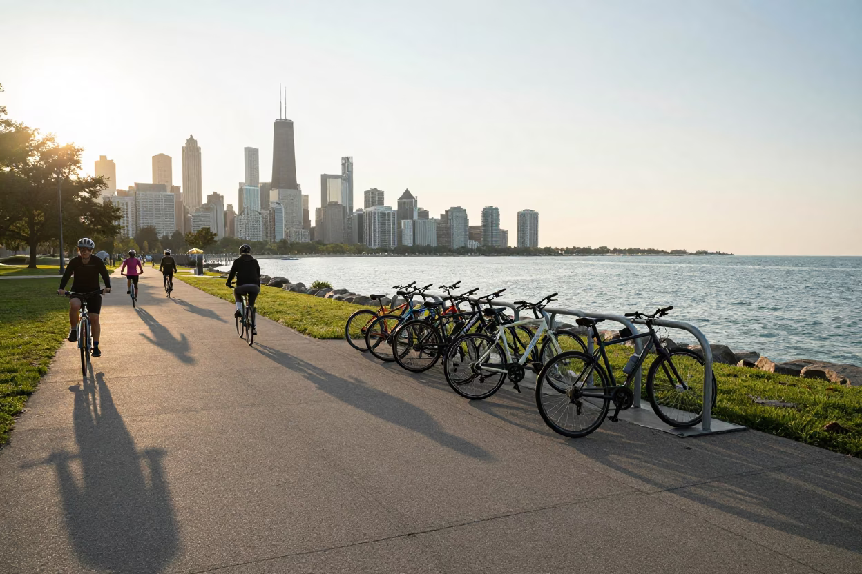 Sunrise Cyclists just after sunrise in Chicago in in Chicago, Illinois, United States