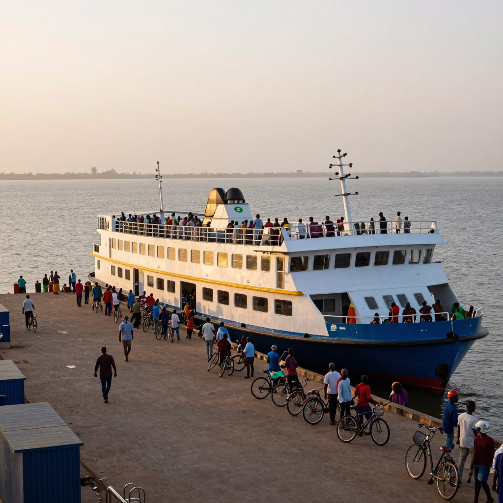 Sunrise Ferry Loading Passengers and Bicycles at Accra Ghana Dock in in Accra, Ghana