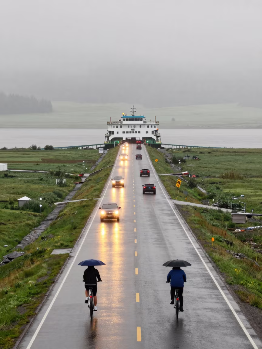 Sunrise Ferry Trail Bicycles Umbrellas Rain Wyoming in across a remote ferry crossing in Wyoming