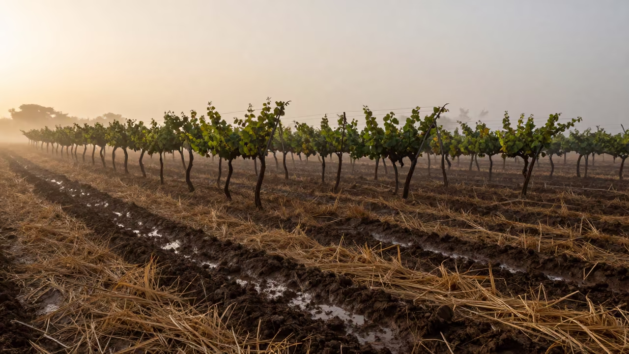 Sunrise Fog Burns Over Senegal Vineyard in across a harvested grain field in Senegal