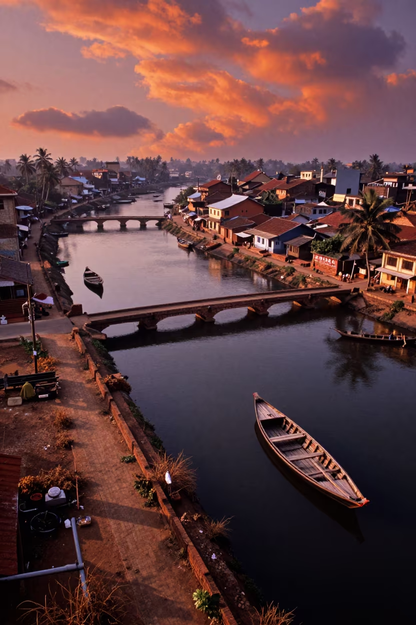 Sunrise Over Goa Canals With Boats And Bridges in in Goa