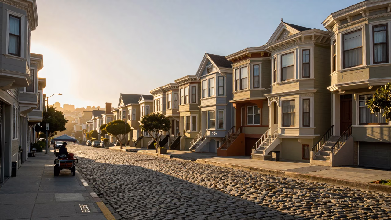 Sunrise Golden Hour Light on San Francisco Street with Woven Cane Texture Detail in in San Francisco, California, United States