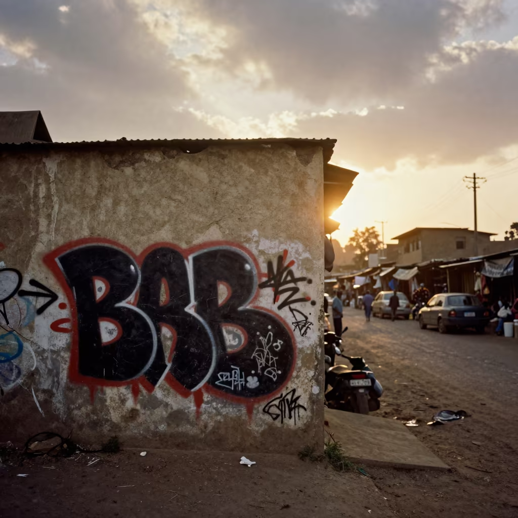 Sunrise Graffiti Over Mural Khartoum Alley in along a market-lined side street in Khartoum