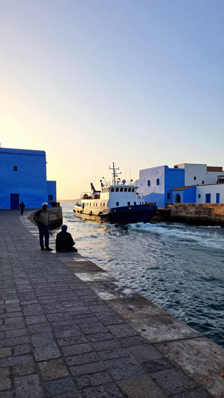 Sunrise Harbor Scene in Essaouira Morocco with Pilot Boat and Fisherman in in Essaouira, Morocco