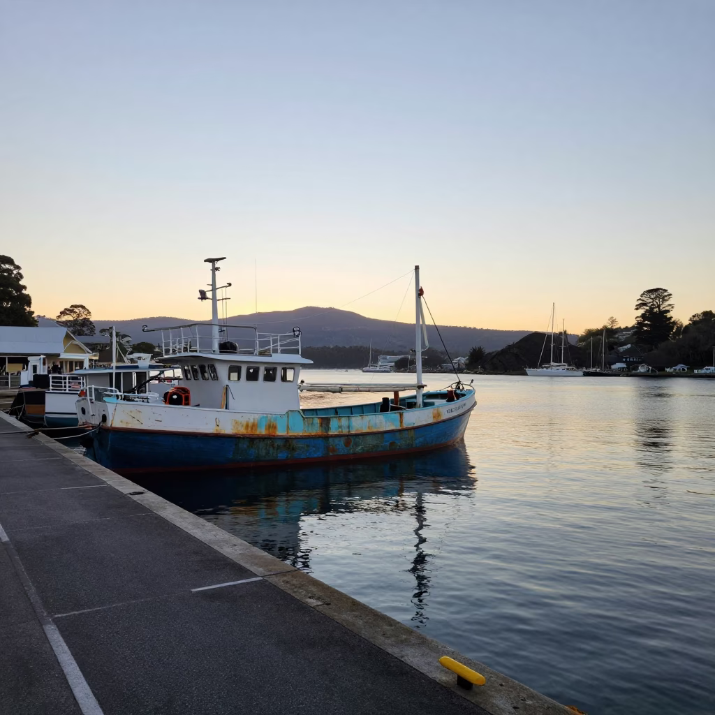 Sunrise Harbor Scene in Hobart Tasmania with Junk Boat and Pile Driver Construction in in Hobart, Tasmania, Australia