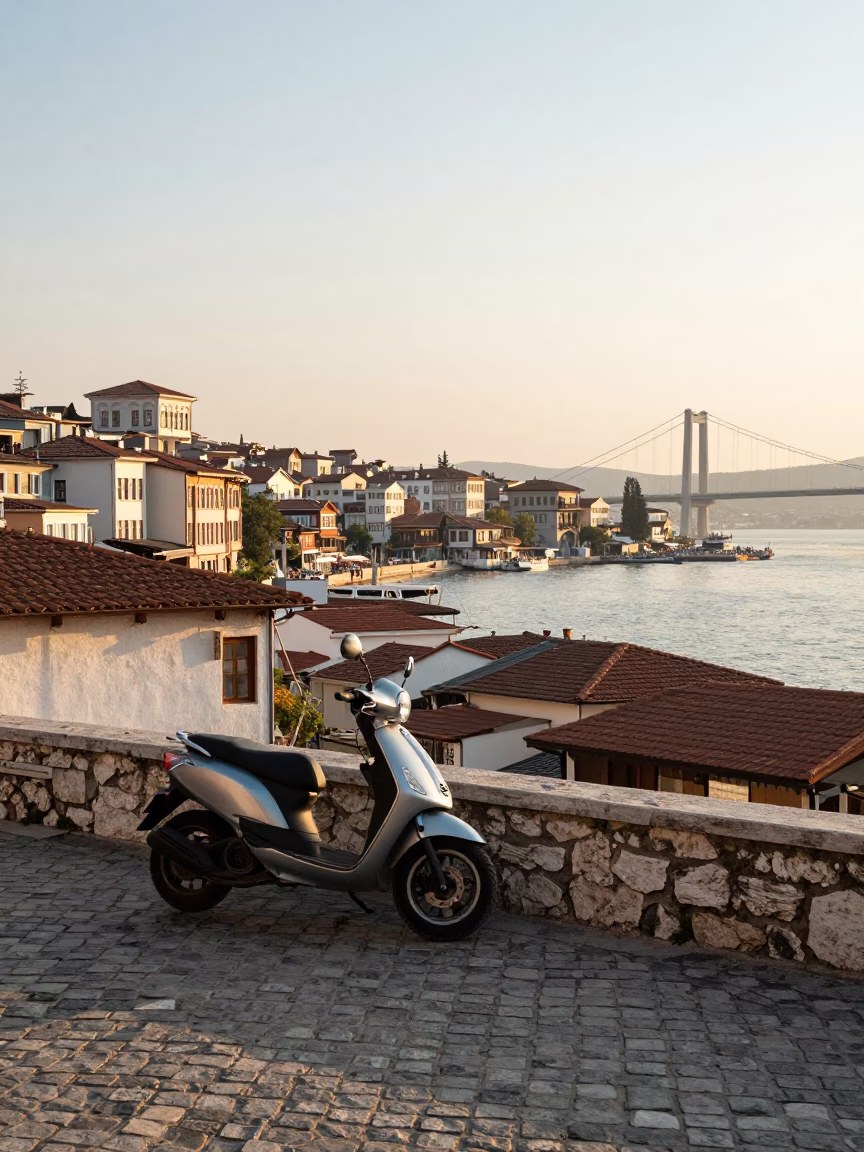 Sunrise Harbor Scene in Izmir Turkey with Parked Scooter and Coastal Architecture in in Izmir, Turkey
