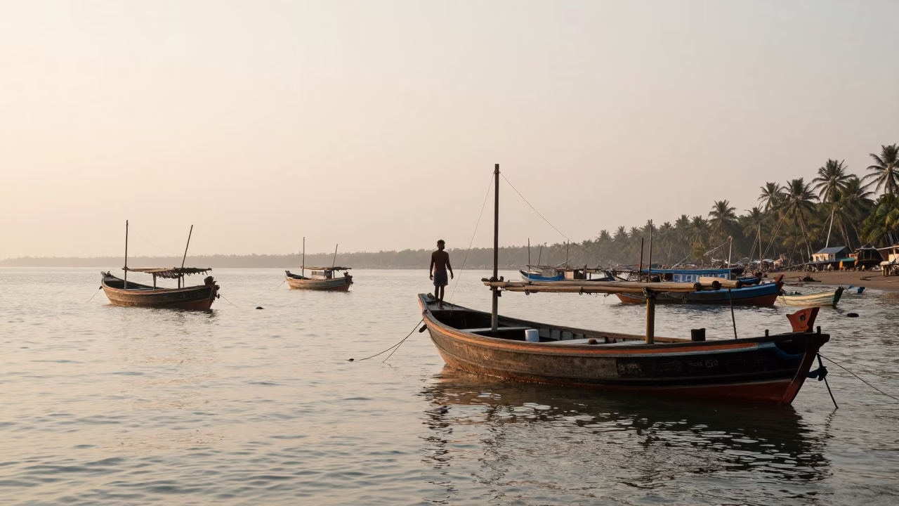 Sunrise Harbor Scene in Kochi India with Junk Boats and Fishing Activity in in Kochi, India