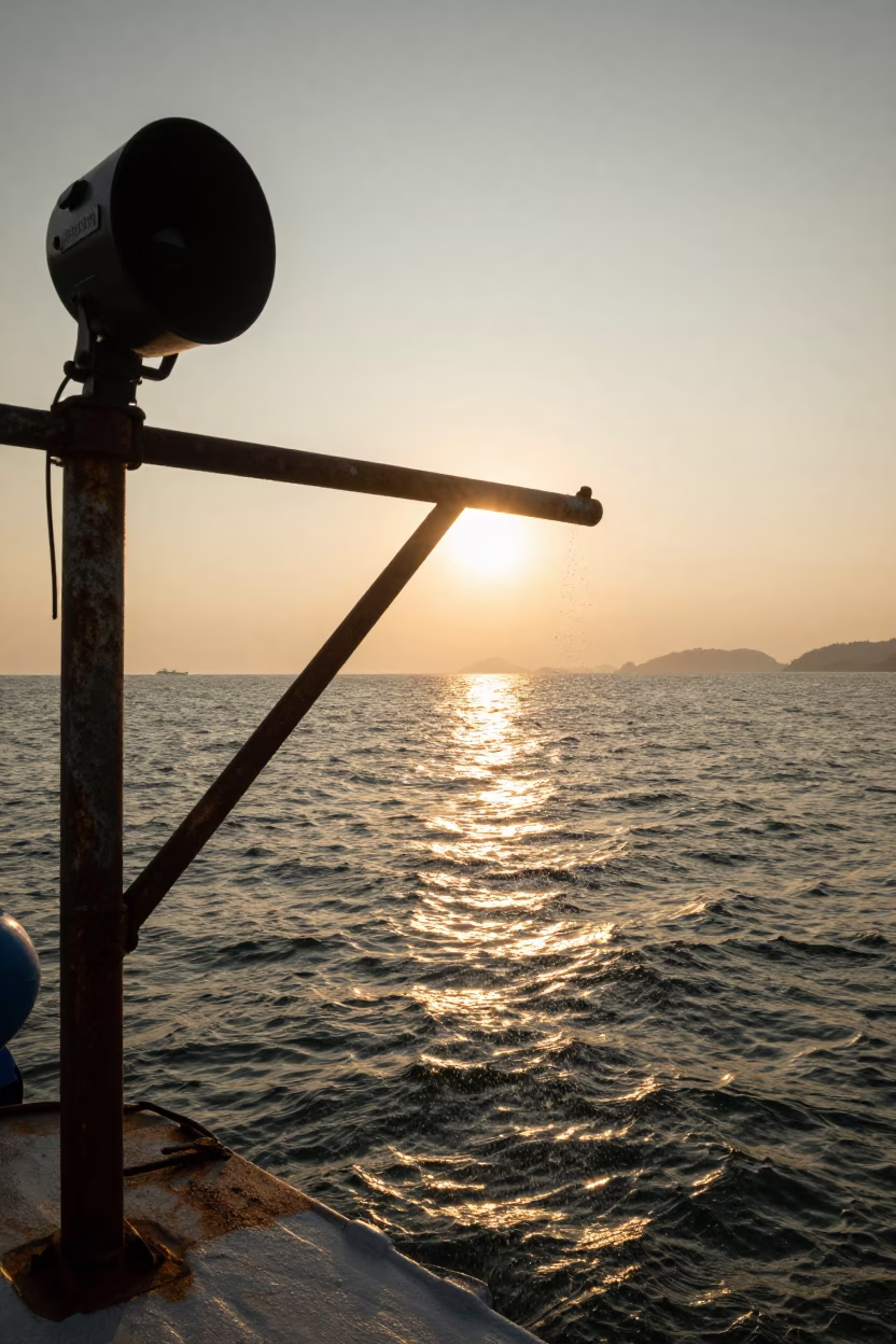 Sunrise Harbor Scene in Phuket Thailand with Hydrophone Equipment and Golden Light in in Phuket, Thailand