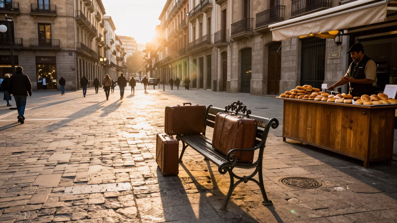 Sunrise in Barcelona with Suitcases and Local Street Life in in Barcelona, Spain