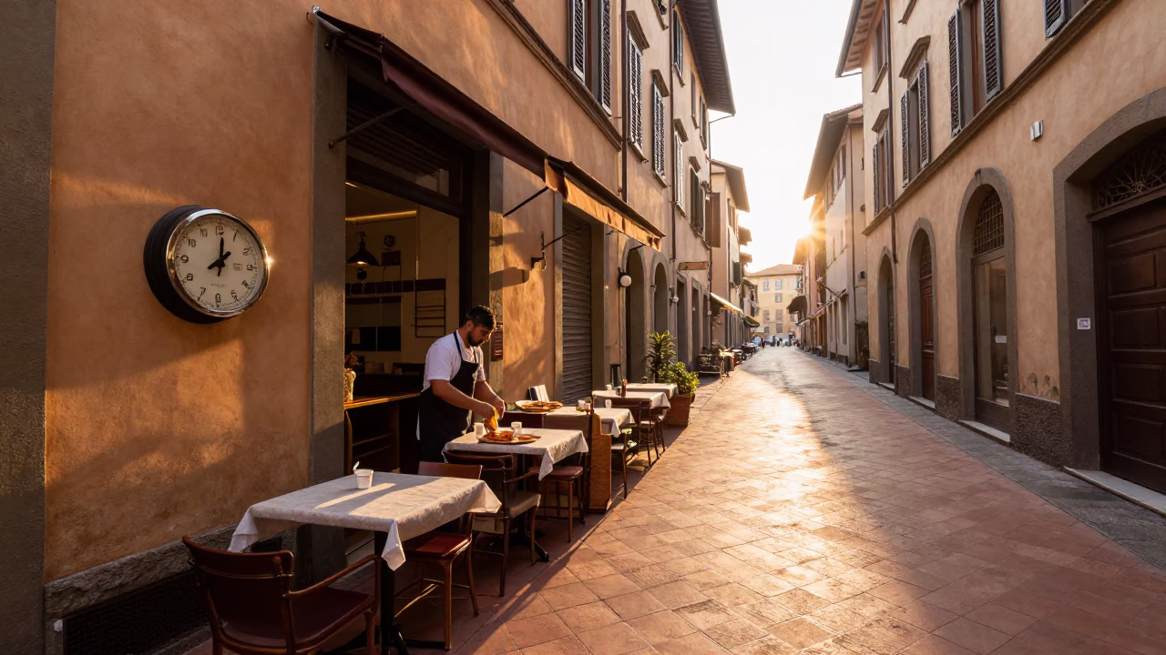 Sunrise in Bologna Italy Street Scene with Vintage Kitchen Timer and Local Morning Rituals in in Bologna, Italy