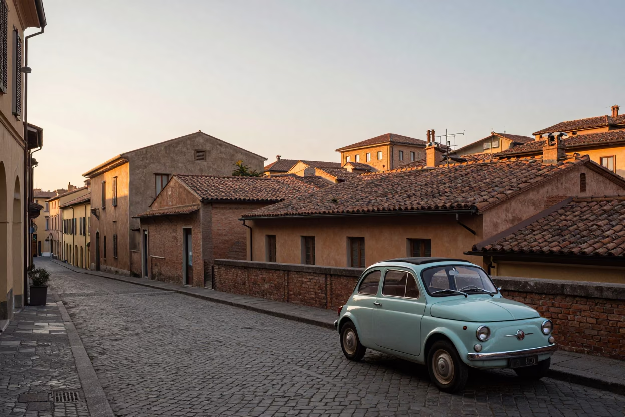 Sunrise in Bologna Italy with Vintage 1970s Architecture and Local Street Life in in Bologna, Italy