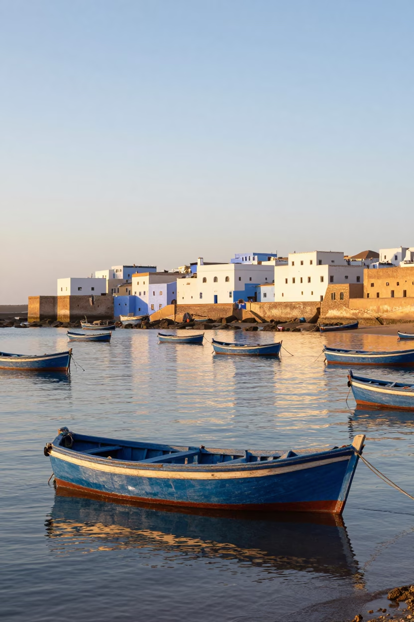 Sunrise in Essaouira Morocco with Blue Fishing Boats and Coastal Fishing Nets in in Essaouira, Morocco