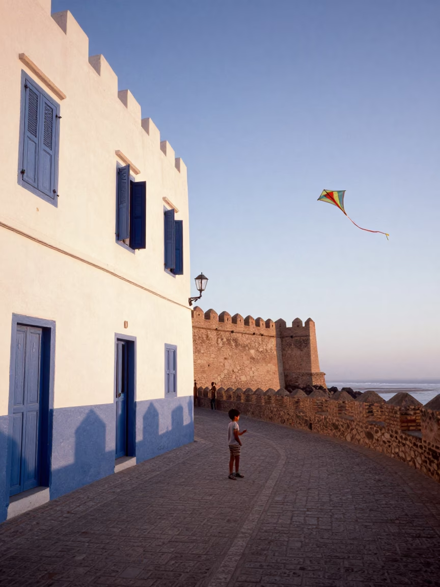 Sunrise in Essaouira Morocco with Child Flying Kite Near Coastal Walls in in Essaouira, Morocco