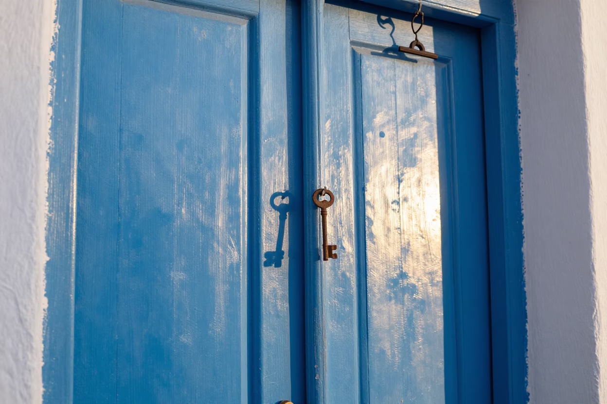 Sunrise in Essaouira Morocco with Old Key and Shirt Hanger on Blue Door in in Essaouira, Morocco